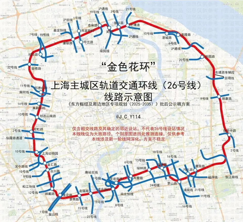 上海主城区轨道交通环线（26号线）"金色花环"线路示意图